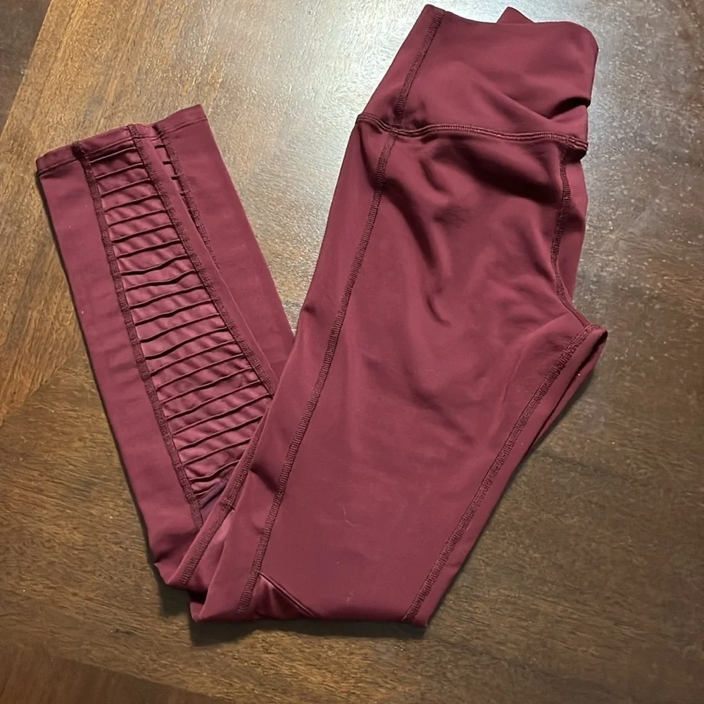 ALO Yoga Moto Legging High Rise Burgundy Pleated Mesh Full Length